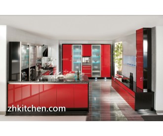 Red bright color acrylic kitchen cabinet design