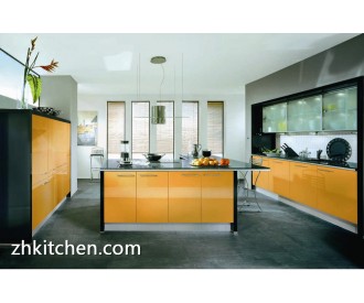 Yellow glossy MDF kitchen cabinets UV coating
