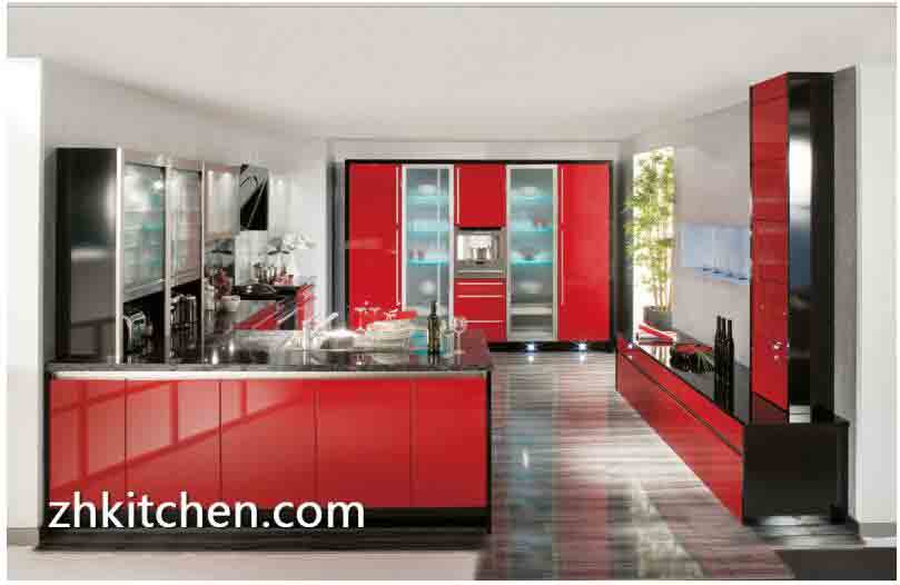 Bright Red Color Acrylic Kitchen Cabinets Design