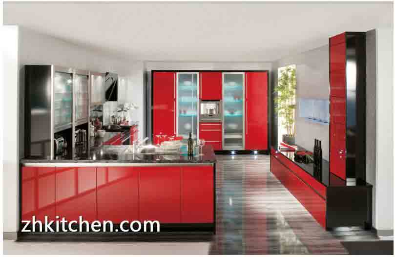 Bright Red Color Acrylic Kitchen Cabinets Design