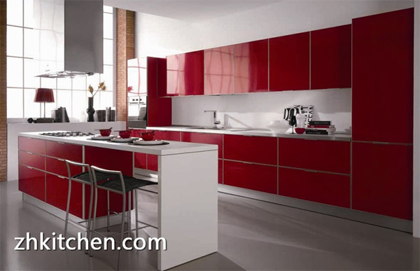Red glossy prefabricated kitchen cabinets wholesale